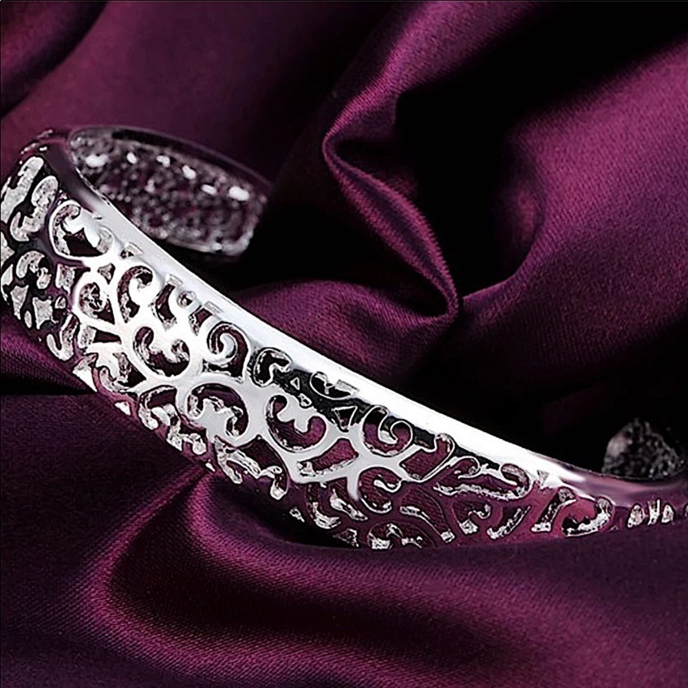 Hollow Out Flower Sterling Silver Cuff Bangle Bracelet